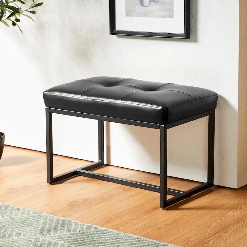 Button-Tufted Ottoman Foot Stool, Faux Leather, Single Seat – Black / Brown / Hunter Green / Navy Blue / Camel
