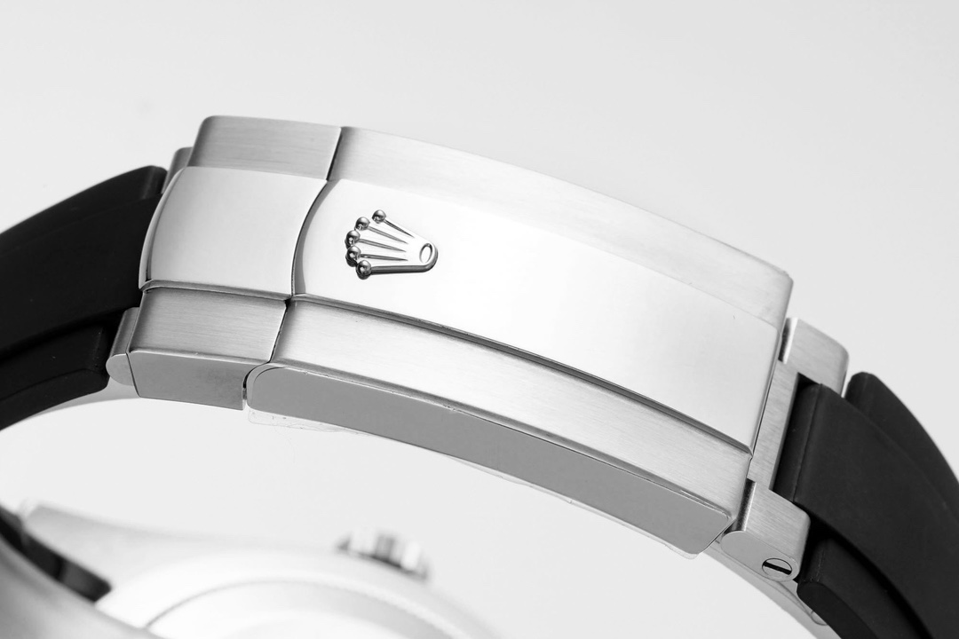 Close-up of Oyster deployment clasp on replica Rolex Sky-Dweller with crown logo