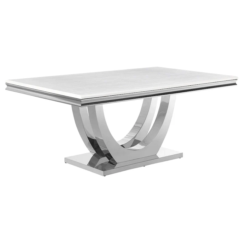 White & Chrome, Rectangular, Seats 6 — Faux Marble Dining Table