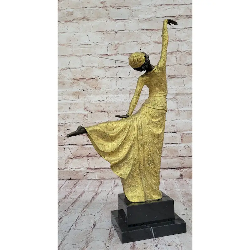 Chiparus Art Deco Bronze Dancer Girl In Long Dress W/ Gold Patina