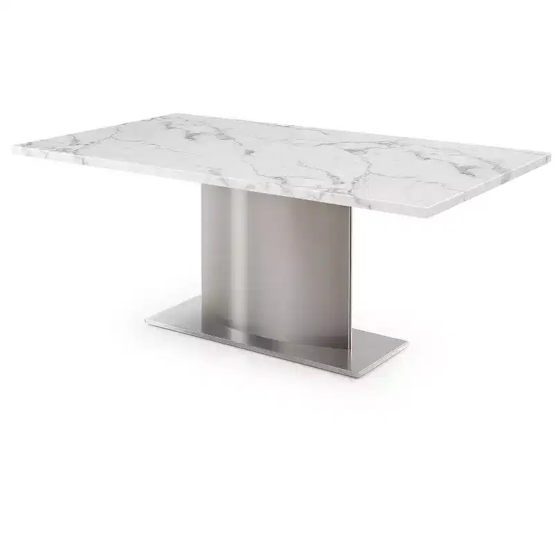 HomeRoots 72 Gray White and Silver Marble and Stainless Steel Pedestal Base Dining Table