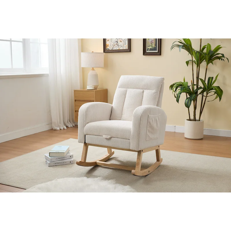 Accent Rocking Chair with Solid Wood Legs, Upholstered Nursery Glider Rocker, Comfy Armchair with Side Pocket
