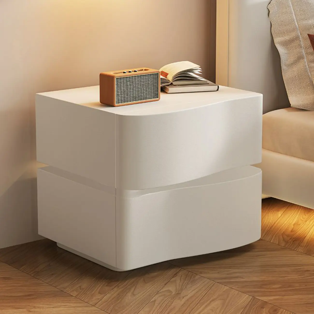 Modern White Waved Wood 3-Drawer Nightstand