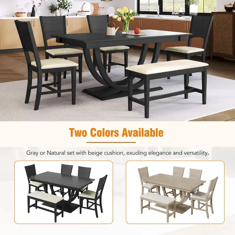 6-Piece Wood Half Round Dining Table Set Kitchen Table Set with Long Bench and 4 Dining Chairs, Modern Style, Gray