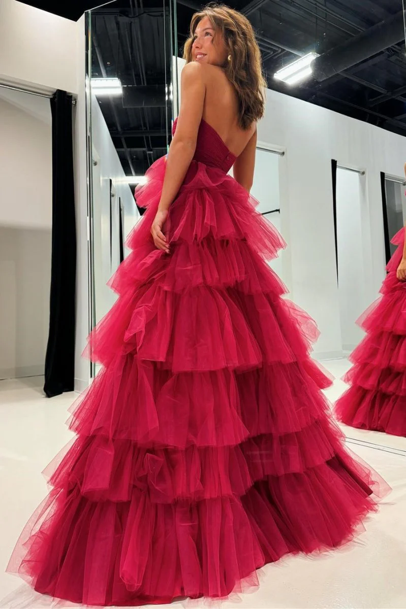 A-Line Strapless Tiered Tulle Prom Dress with Ruffles