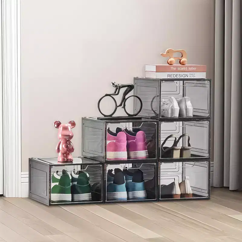 VEVOR Shoe Storage Boxes, 6 Pack Clear Stackable Shoe Boxes Storage Organizers with Magnetic Door, Fit up to US Size 13, Transparent Black
