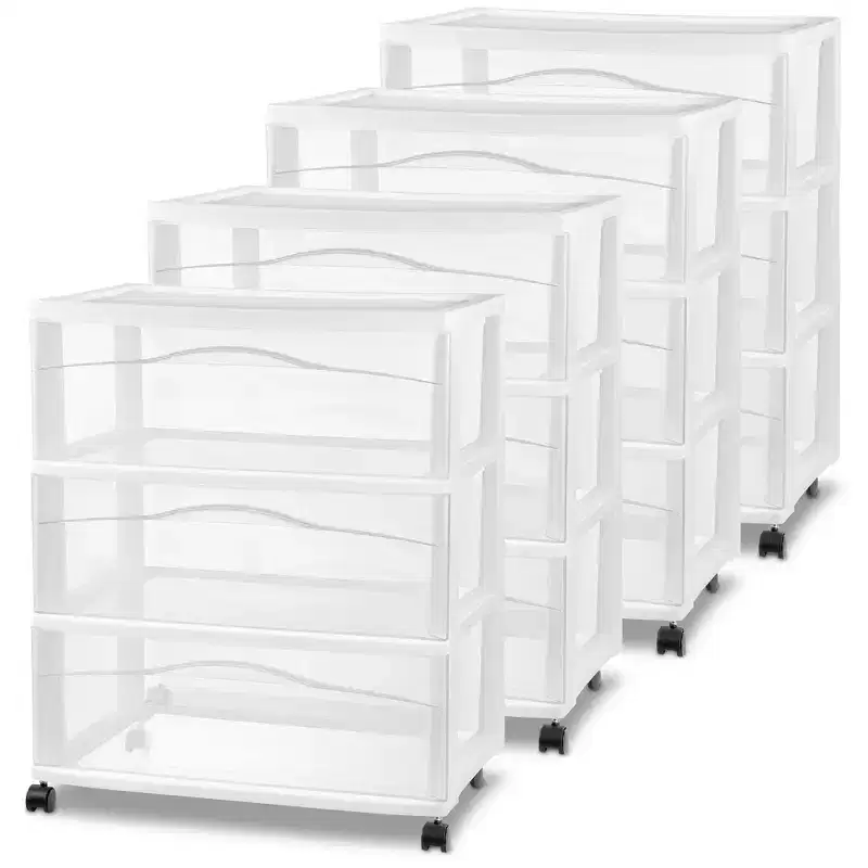 Sterilite Wide 3 Drawer Storage Cart, Plastic Rolling Organizer, White, 4 Pack