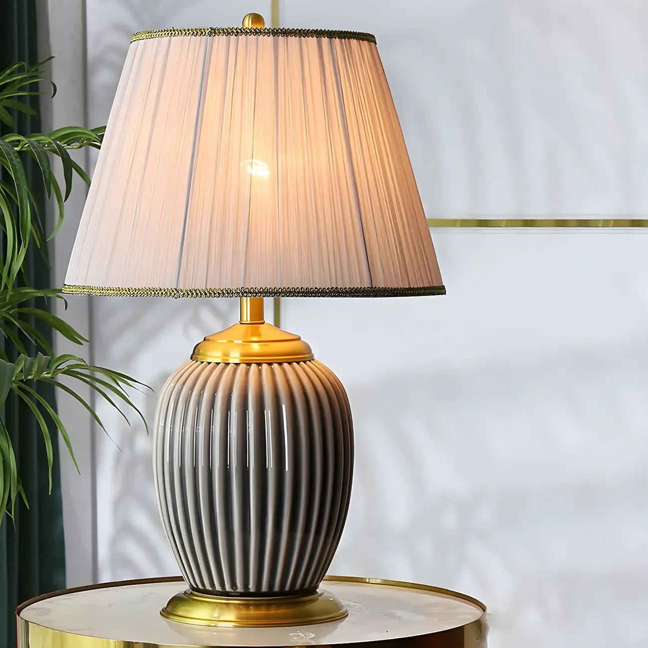 Plug-In Elegant Ceramic LED Table Lamp with Fabric Shade