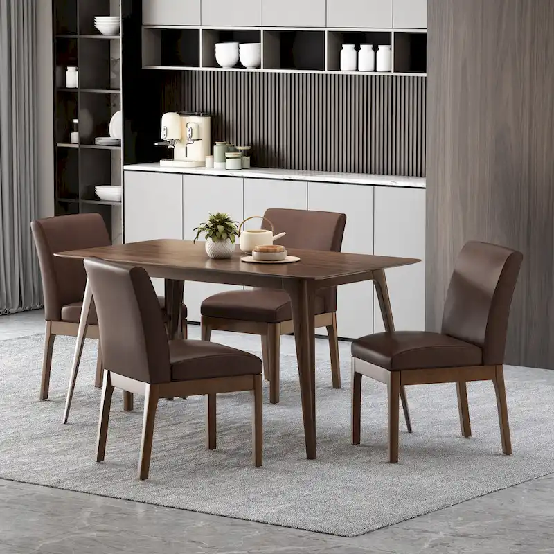 Upholstered Armless Dining Chairs with Rubberwood Legs — Dark Brown Faux Leather