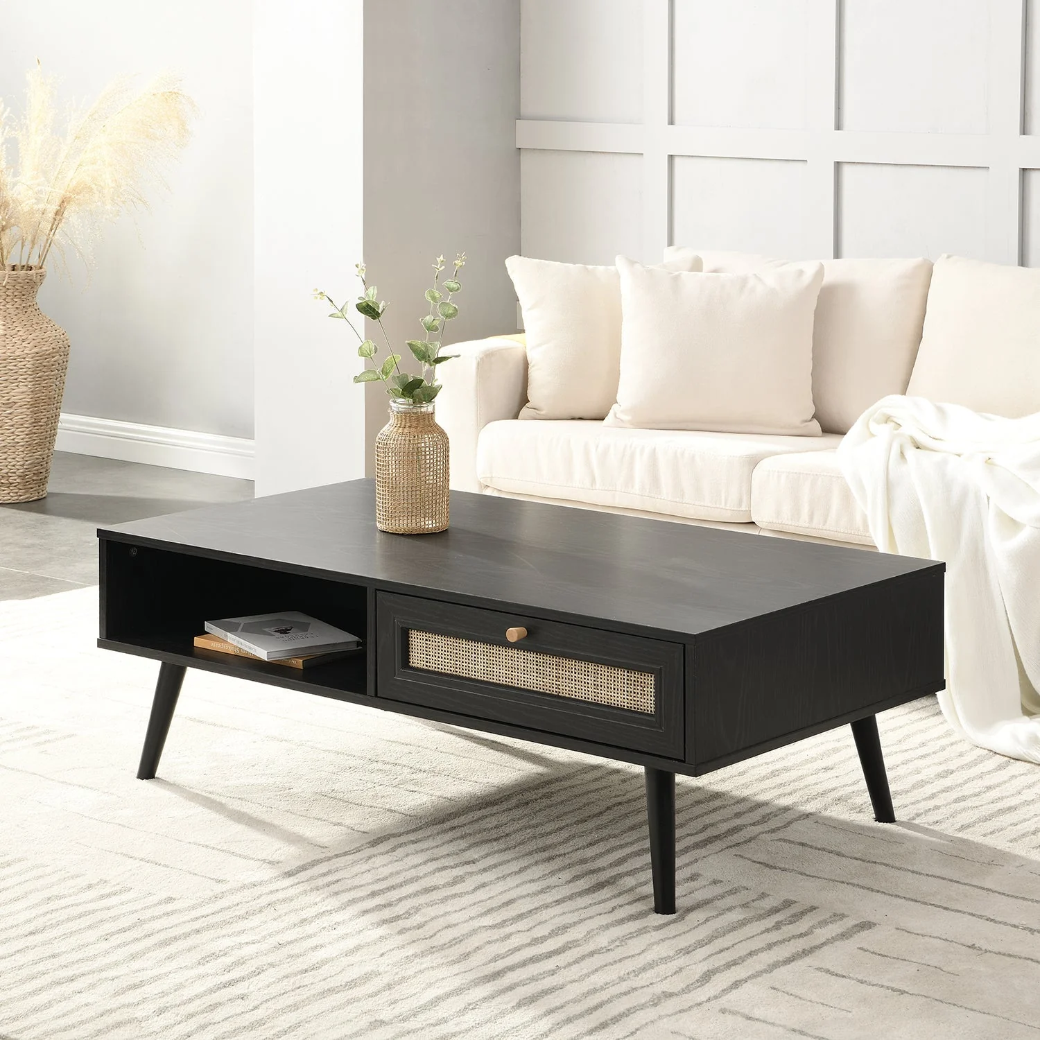 Woven Rattan Wooden Coffee Table in Black