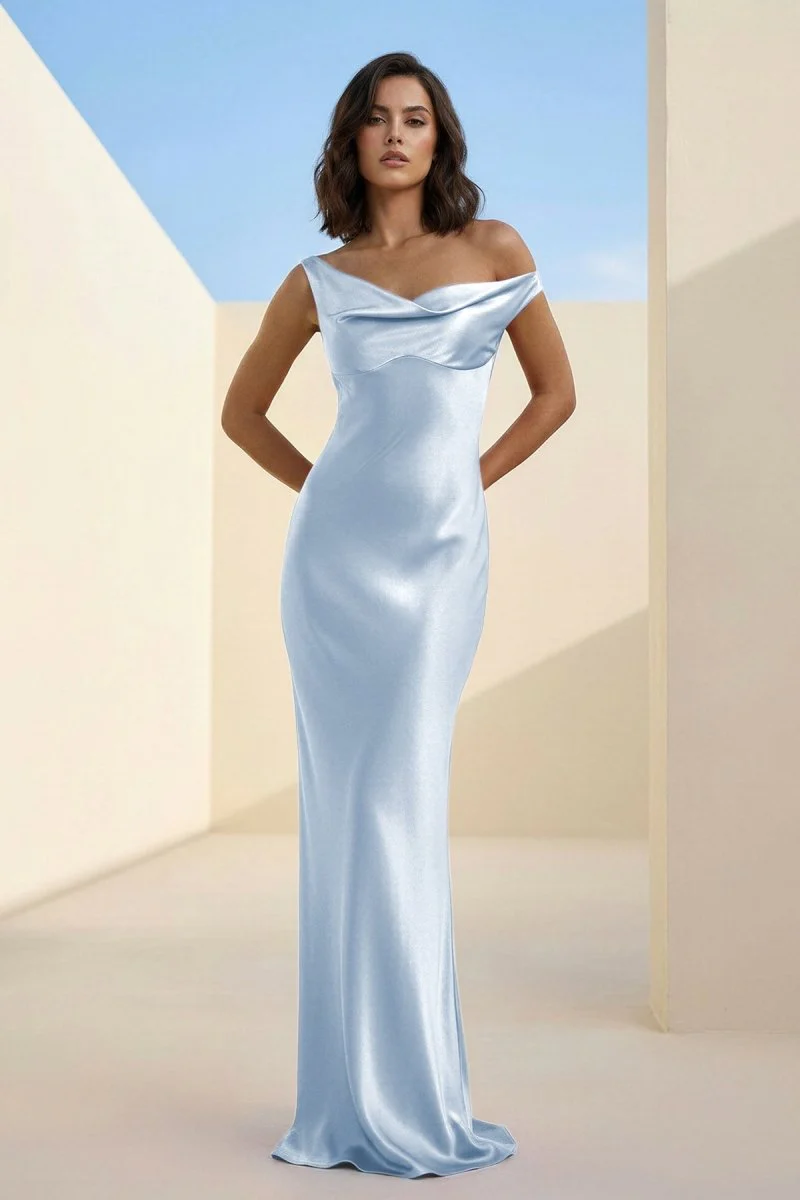 Fuchsia - One Shoulder Sheath Satin Long Prom Dresses