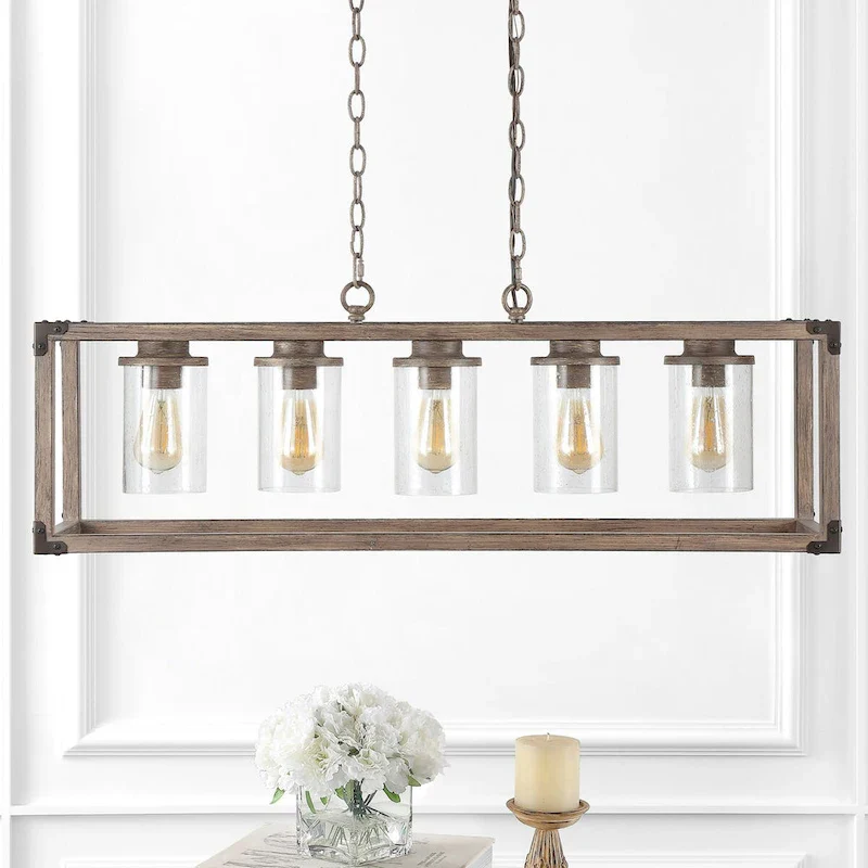 Darlene 36  5-Light Linear Adjustable Iron/Seeded Glass Rustic Farmhouse LED Pendant, Brown by JONATHAN Y