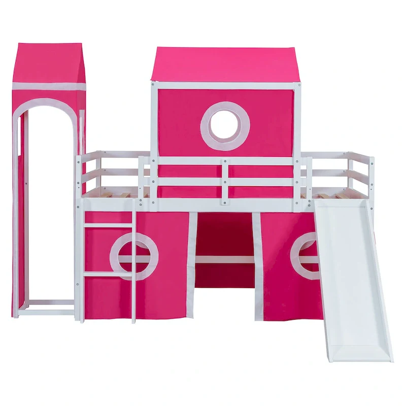 Blue / Pink Castle Loft Bed with Slide, Tower & Ladder – Twin / Full, 1 Child