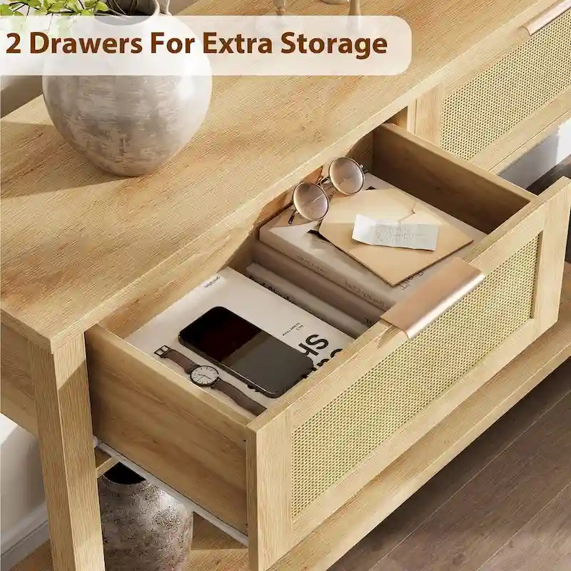 Brown / Natural Rattan & Wood Console Table with 2 Drawers & Lower Shelf – Boho Style