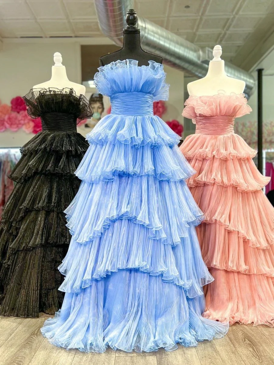 Strapless A-Line Tiered Crinkled Tulle Prom Dress