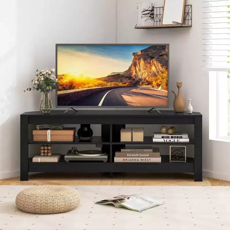 Costway 3-Tier Corner TV Stand with Power Outlet 4 Open Storage Shelves for Living Room White/Brown/Black