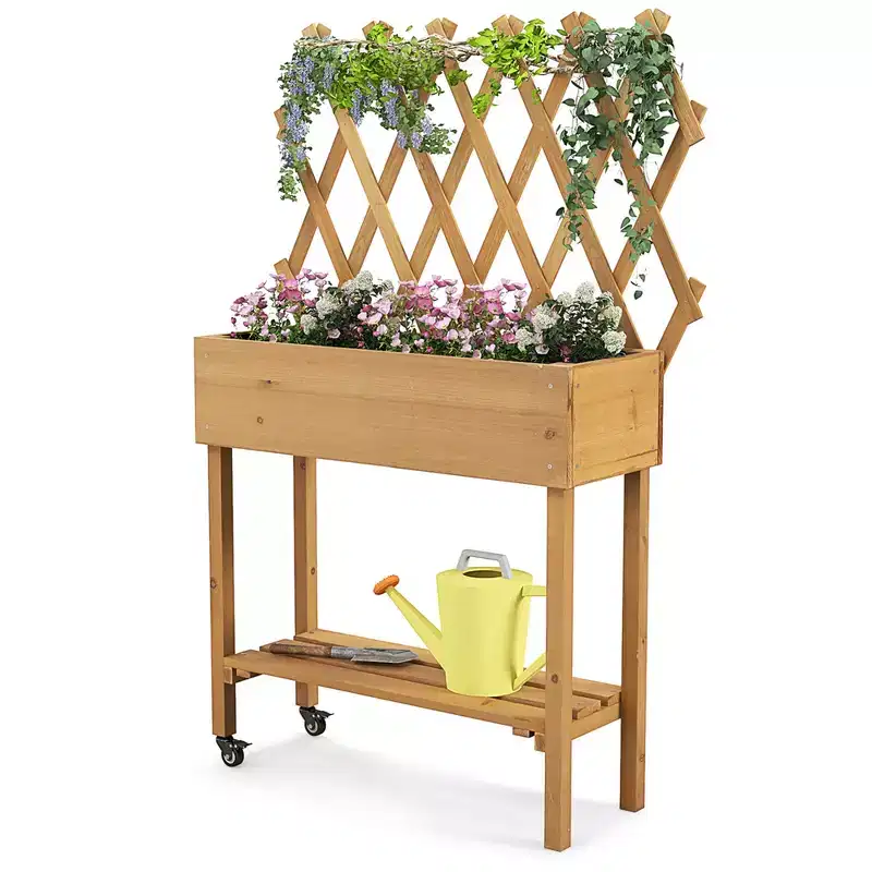 Costway Wood Raised Garden Bed with Trellis Storage Shelf Wheels Liner Drainage Holes