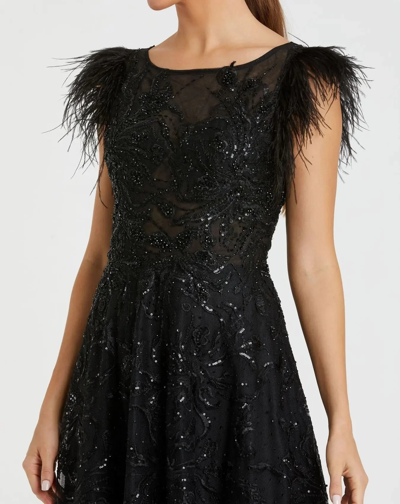 Black Embellished Boat Neck A-Line Gown with Feather Sleeves