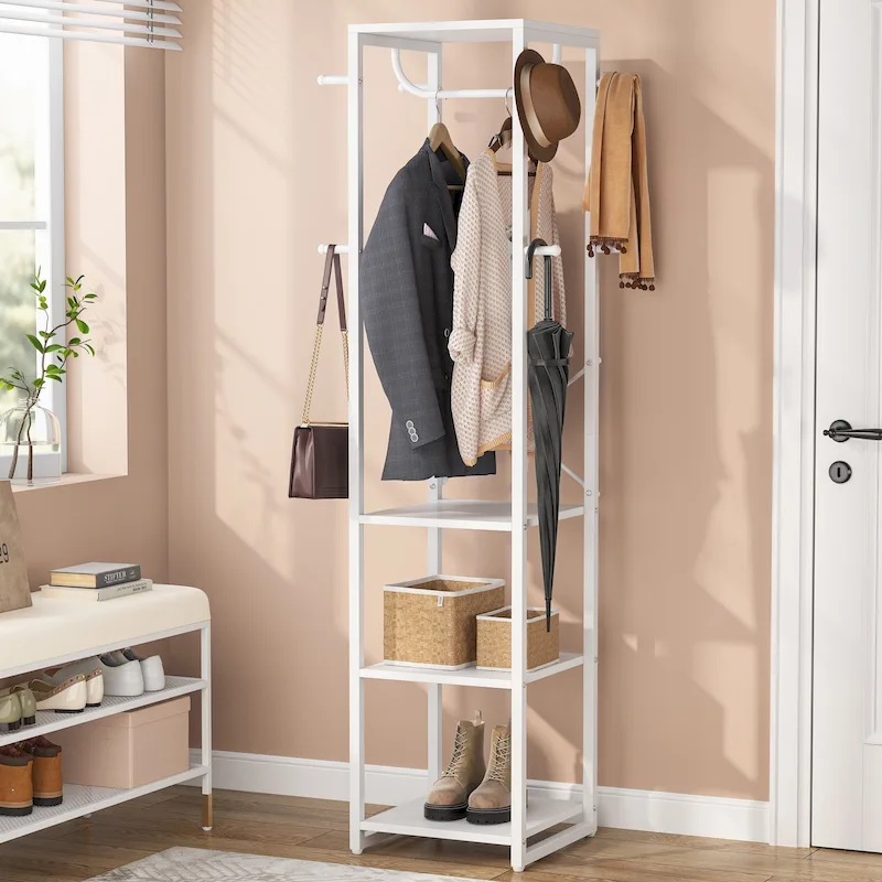 Freestanding Coat Rack with Shelves, Corner Hall Tree with 4 Shelves and 8 Hooks