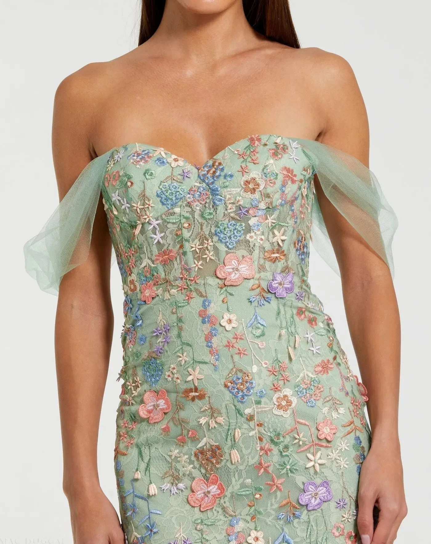 Green Off-the-Shoulder Bustier Floral Column Gown