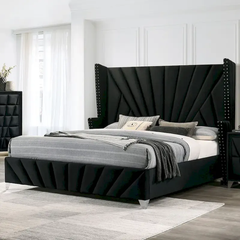 Ambrosia Glam Black Fabric Upholstered Nailhead 3-Piece Panel Bedroom Set by Furniture of America