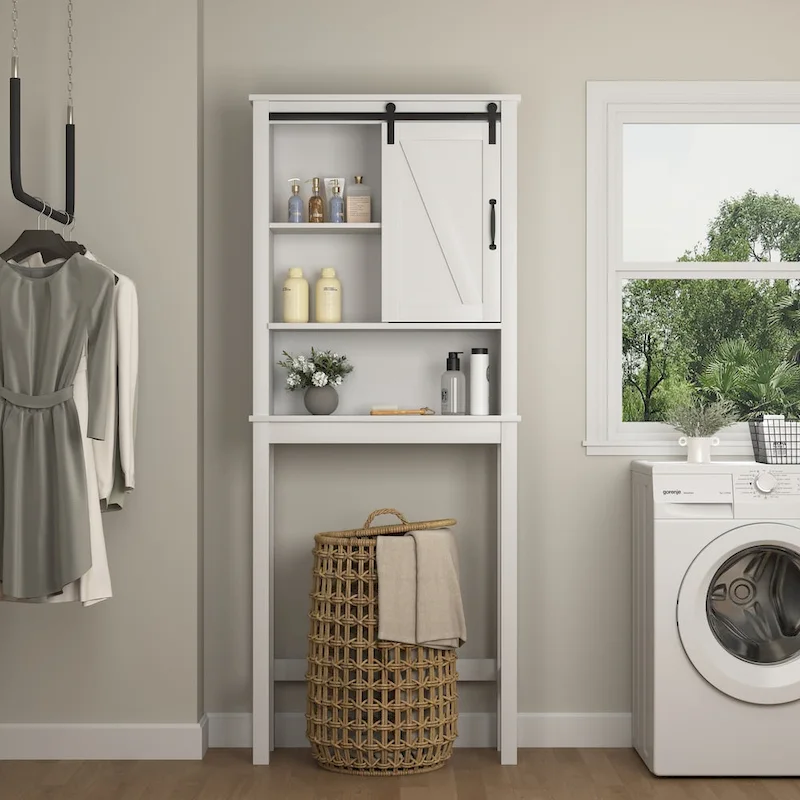 Over-the-Toilet Storage Cabinet, Space-Saving Bathroom Cabinet, with Adjustable Shelves and A Barn Door 27.16 x 9.06 x 67 inch