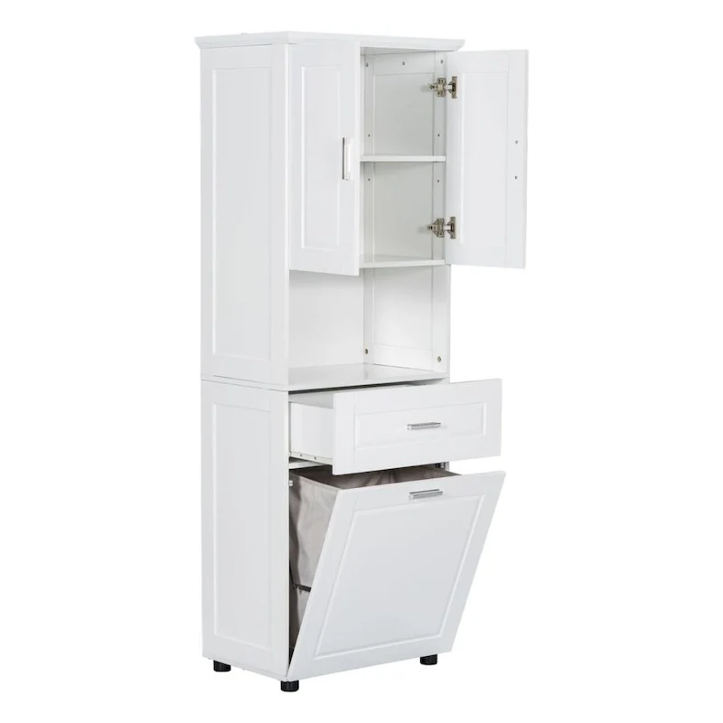 Tall Bathroom Cabinet with Laundry Basket Large Storage Space Tilt-Out Laundry Hamper and Upper Storage Cabinet