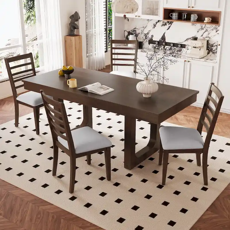 5 Piece Extendable Dining Table Set, Farmhouse Extendable Table with 18  Move Leaf
