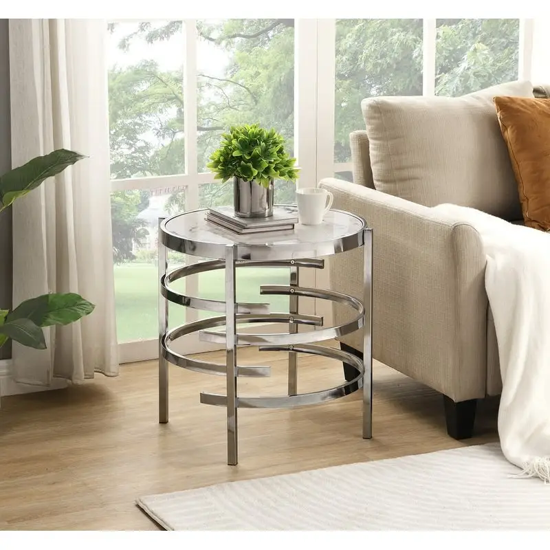 Modern Round End Table with Sintered Stone Top, Chrome/ Silver End Table for Living Room 20.67 W x 20.67 D x 21.65 H