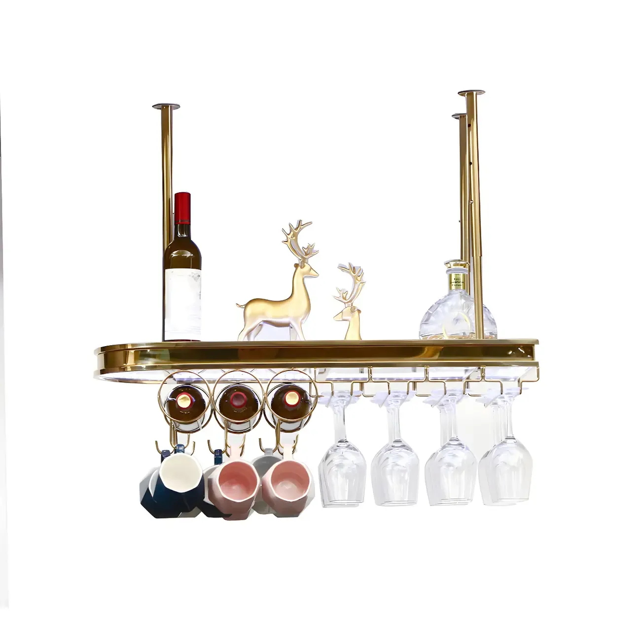 Modern Gold Metal Wine Rack with Glass Holder