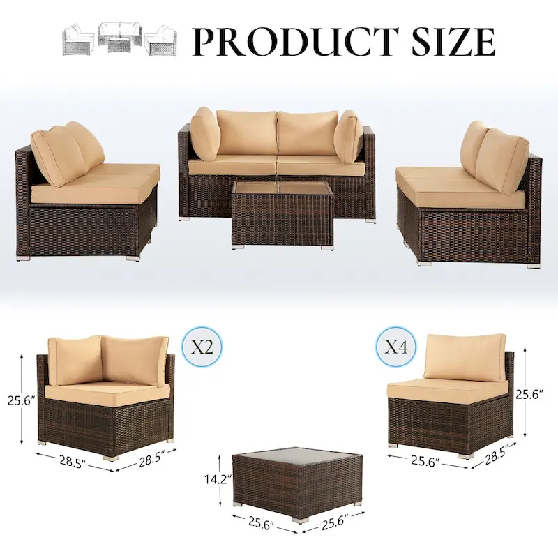 7-piece Brown Patio Wicker Sofa Furniture Set, 6 Sofas, 1 Table