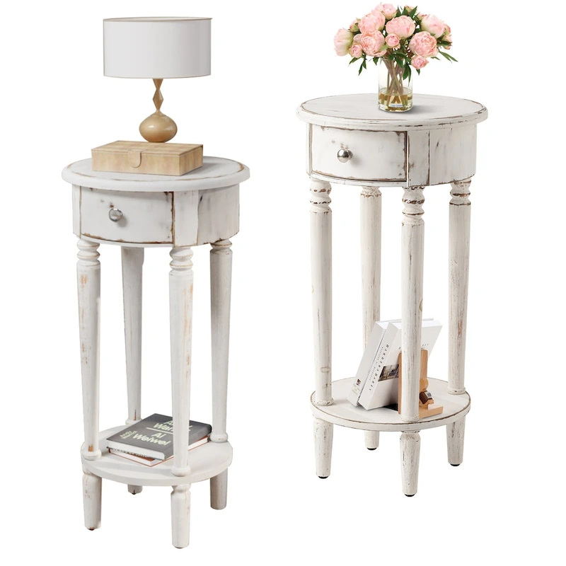 COSIEST White Distressed Round Tall Telephone Stand Table
