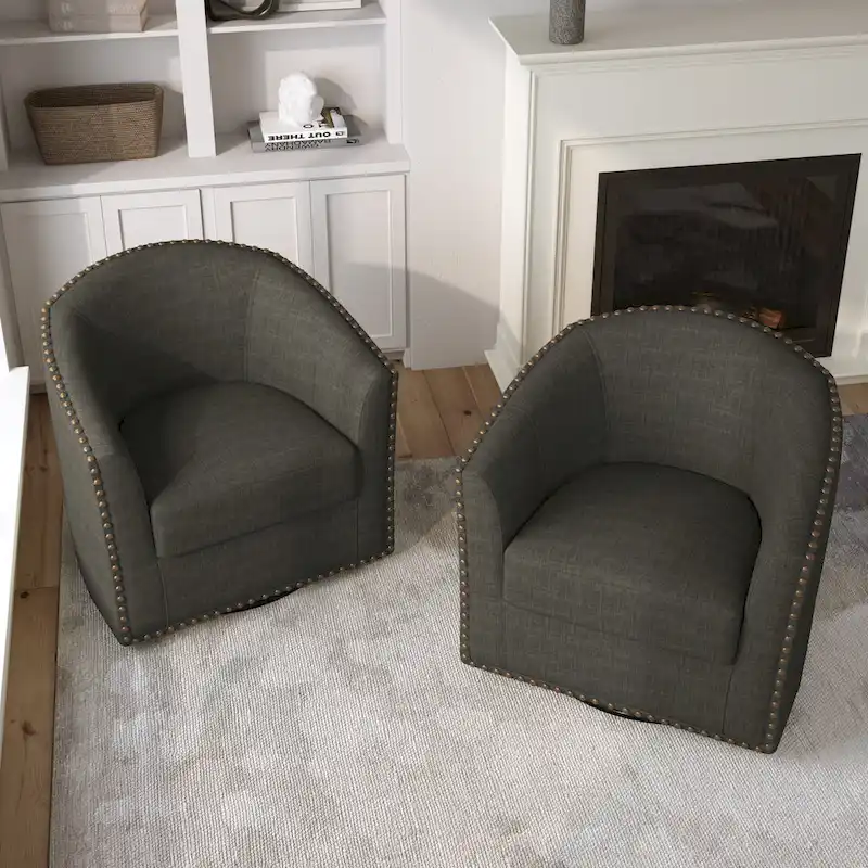 Upholstered Swivel Accent Chairs with Nailhead Trim, Set of 2