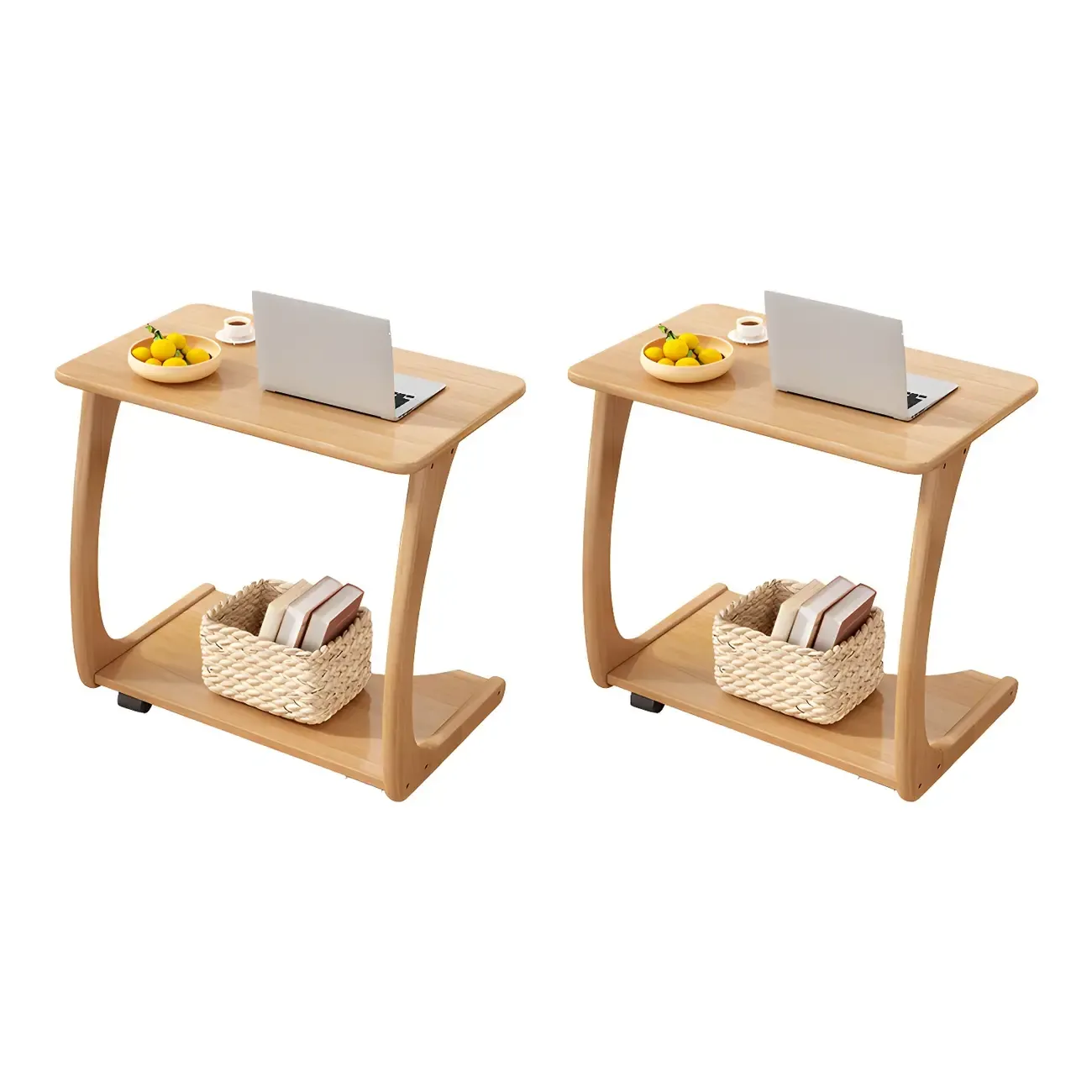 Walnut C-Shaped Side Table With Casters