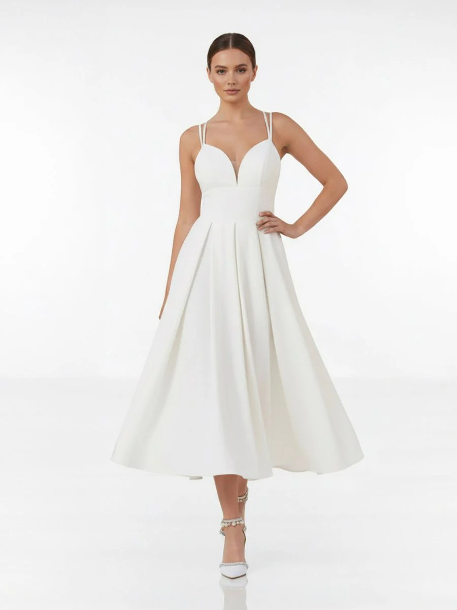 A-Line V-Neck Sleeveless Satin Knee-Length Wedding Dress