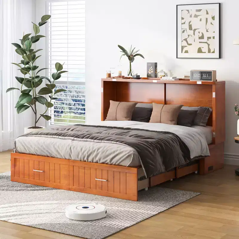Mjkone Murphy Cabinet Bed, Queen Murphy Bed with Tri-Folding Mattress and Charging Ports, Drawer
