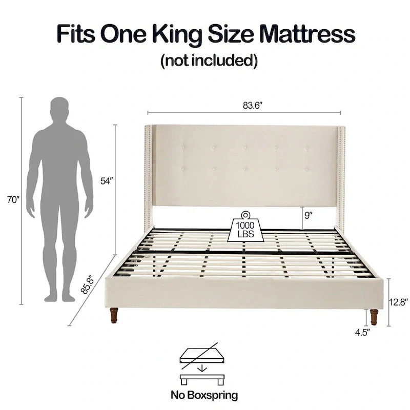 Ivory Wingback Tufted Upholstered King Bed, Sleeps 1