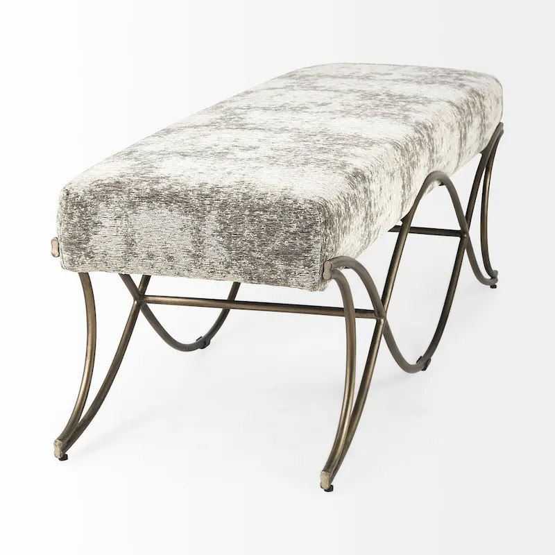 Gray Fabric Upholstered Bench with Gold Metal Legs