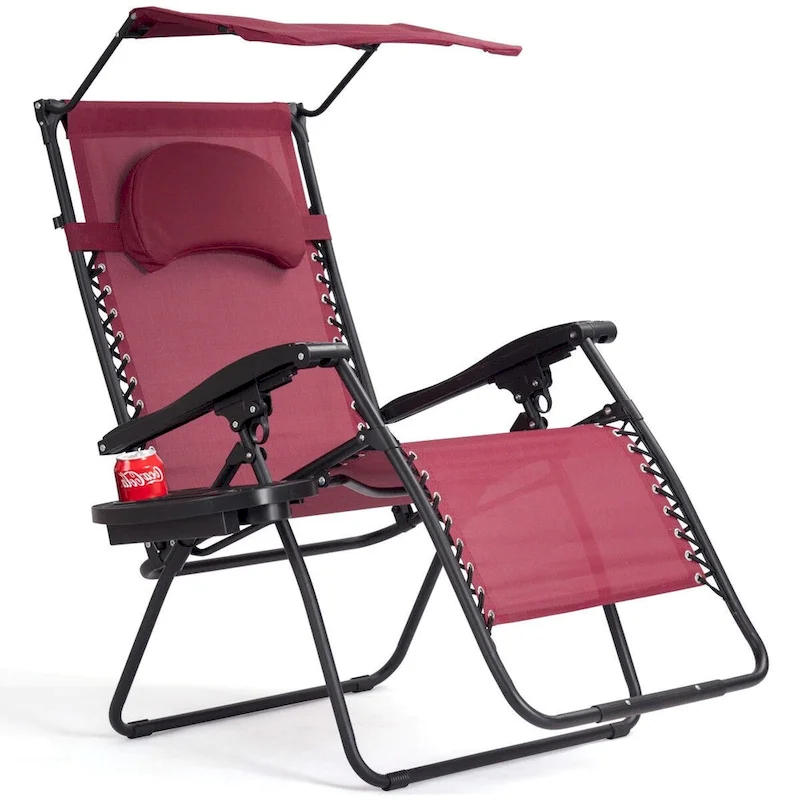 Folding Reclining Lounge Chair with Sunshade and Cup Holder - Dark Red