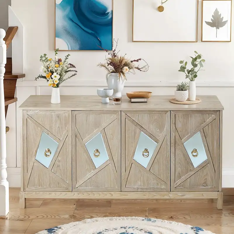 Modern 4-Door Cabinet Sideboard Buffets with Mirrored Decorative Doors