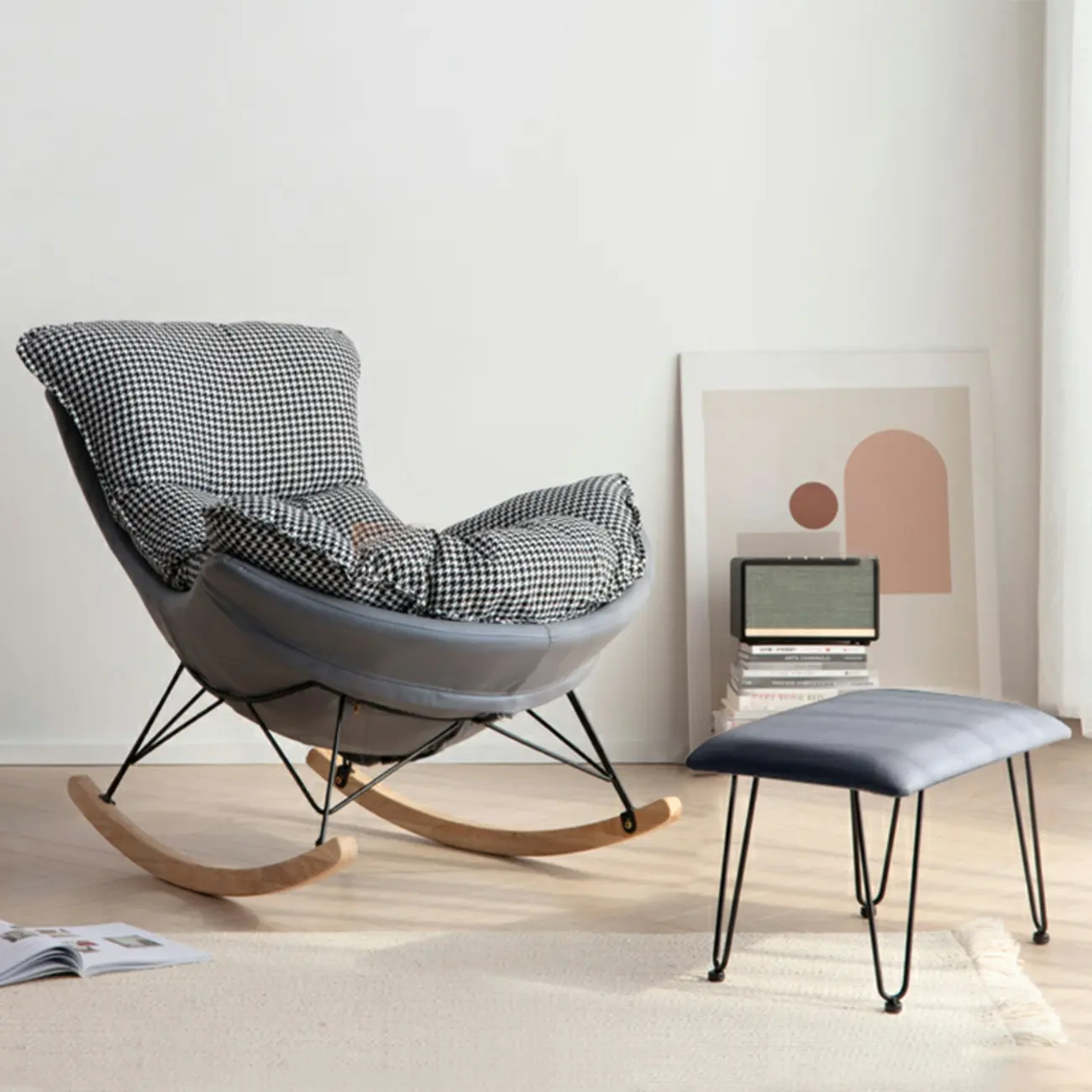 Mid Century Modern Upholstered Rocking Chair with Ottoman