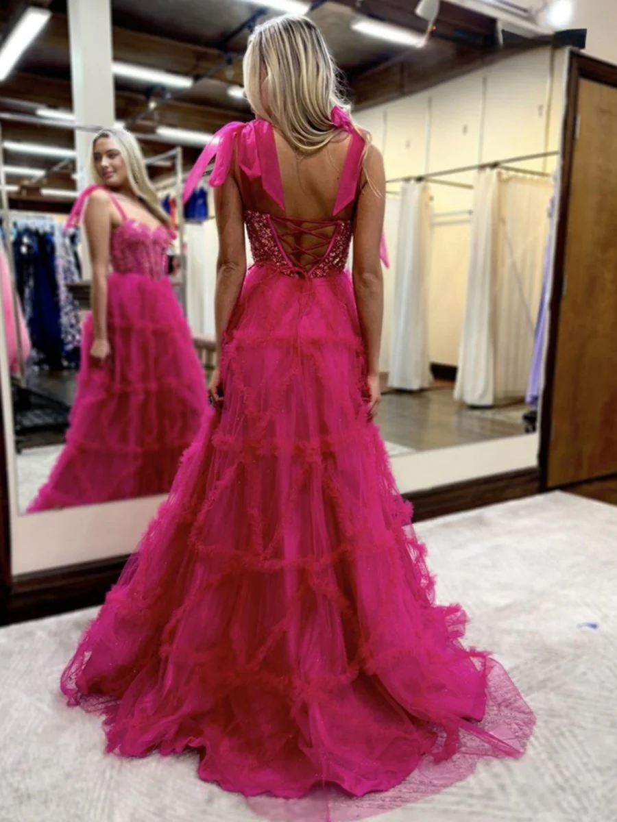 Fuchsia A Line Sweetheart Tiered Tulle Long Prom Dresses