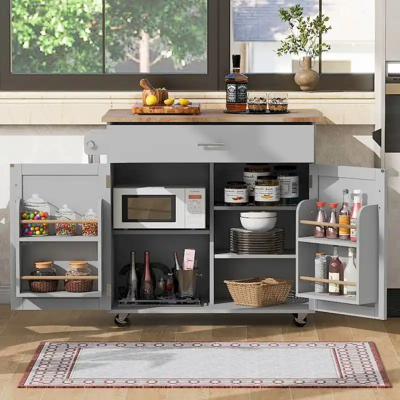 39.00 W Modern Rubberwood Top Kitchen Cart with Storage and Towel Racks