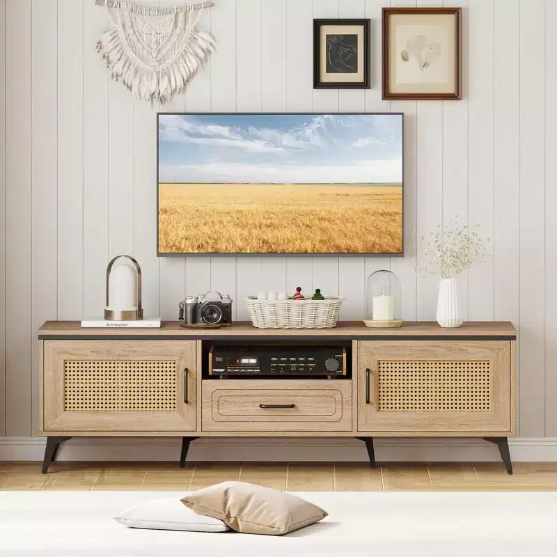 Costway Boho TV Stand for 65 Inch TVs Modern Entertainment Center with Drawer 2 Storage