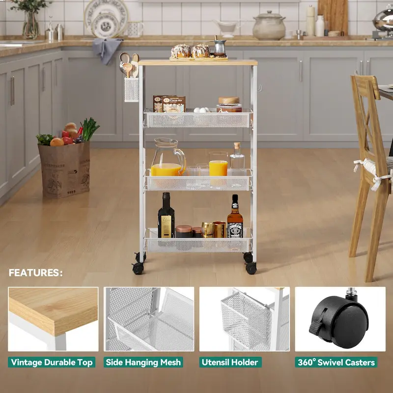 Kleio Wood Rolling Kitchen Cart with Wooden Tabletop and Mesh Baskets