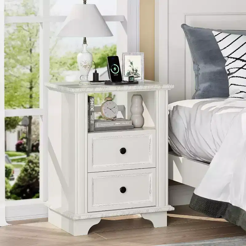 VINGLI 19.7 W Nightstand with Charging Station, White Nightstand with Drawers, Wood Night Stand