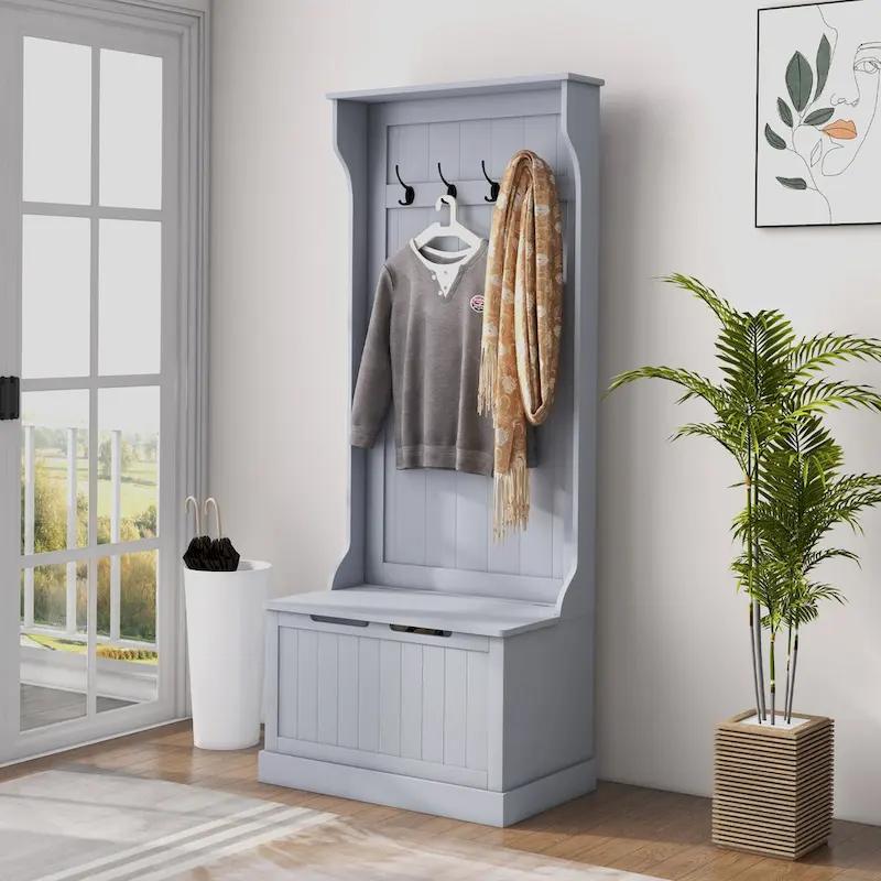 HOMCOM 28 3-In-1 Entryway Hall Tree with Storage Bench, Coat Rack with Four Hooks and Shoe Storage, Gray