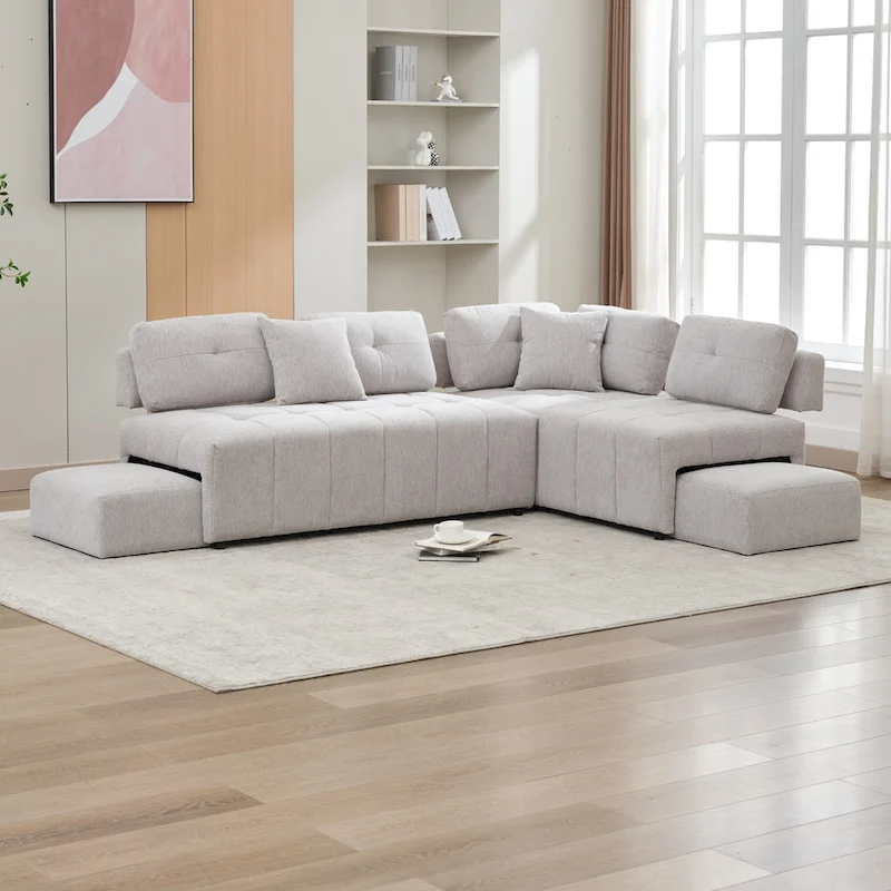 91.73 L-Shaped 4-Seat Sectional Sofa with 2 Hidden Stools, 2 Removable Lumbar Cushions, and Durable Chenille Fabric