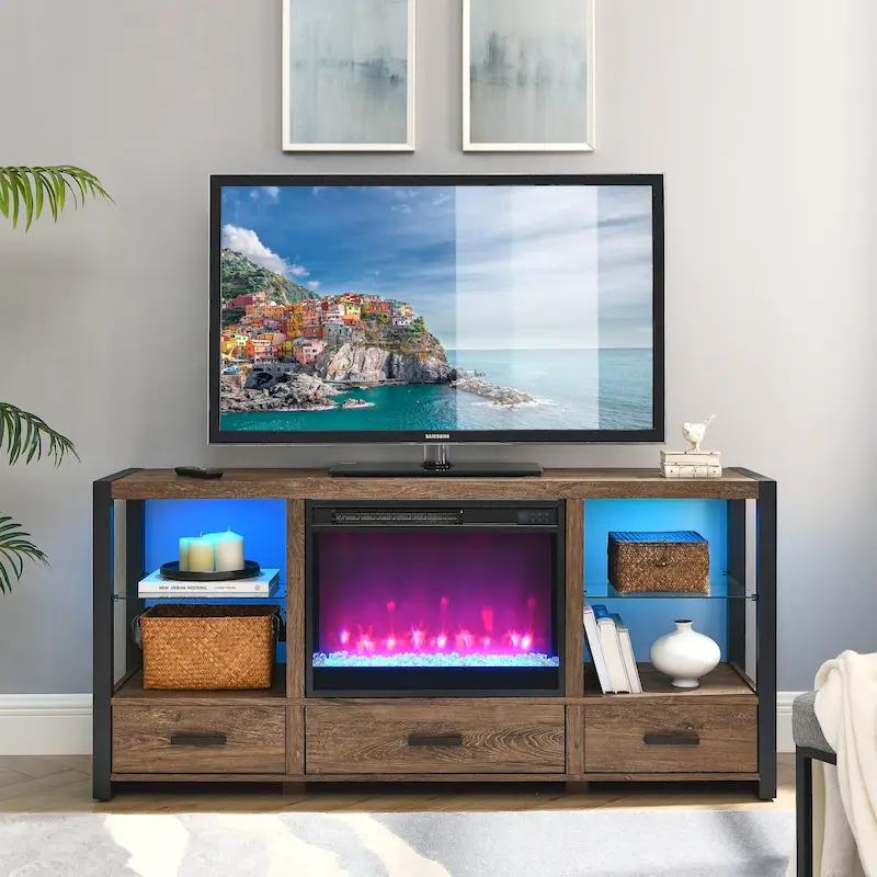 60 Inch Electric Fireplace Media Tv Stand With Sync Colorful Led Lights-Dark Rustic Oak Color