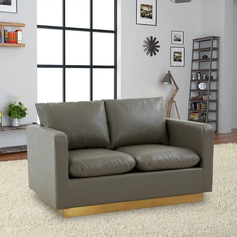 LeisureMod Nervo Modern Leather Loveseat With Gold Base & Cushions - 55.9